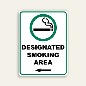 Designated Smoking Area sign vertical green circle cigarette icon bold black text left arrow white background green border Maxmetal panel Los Angeles