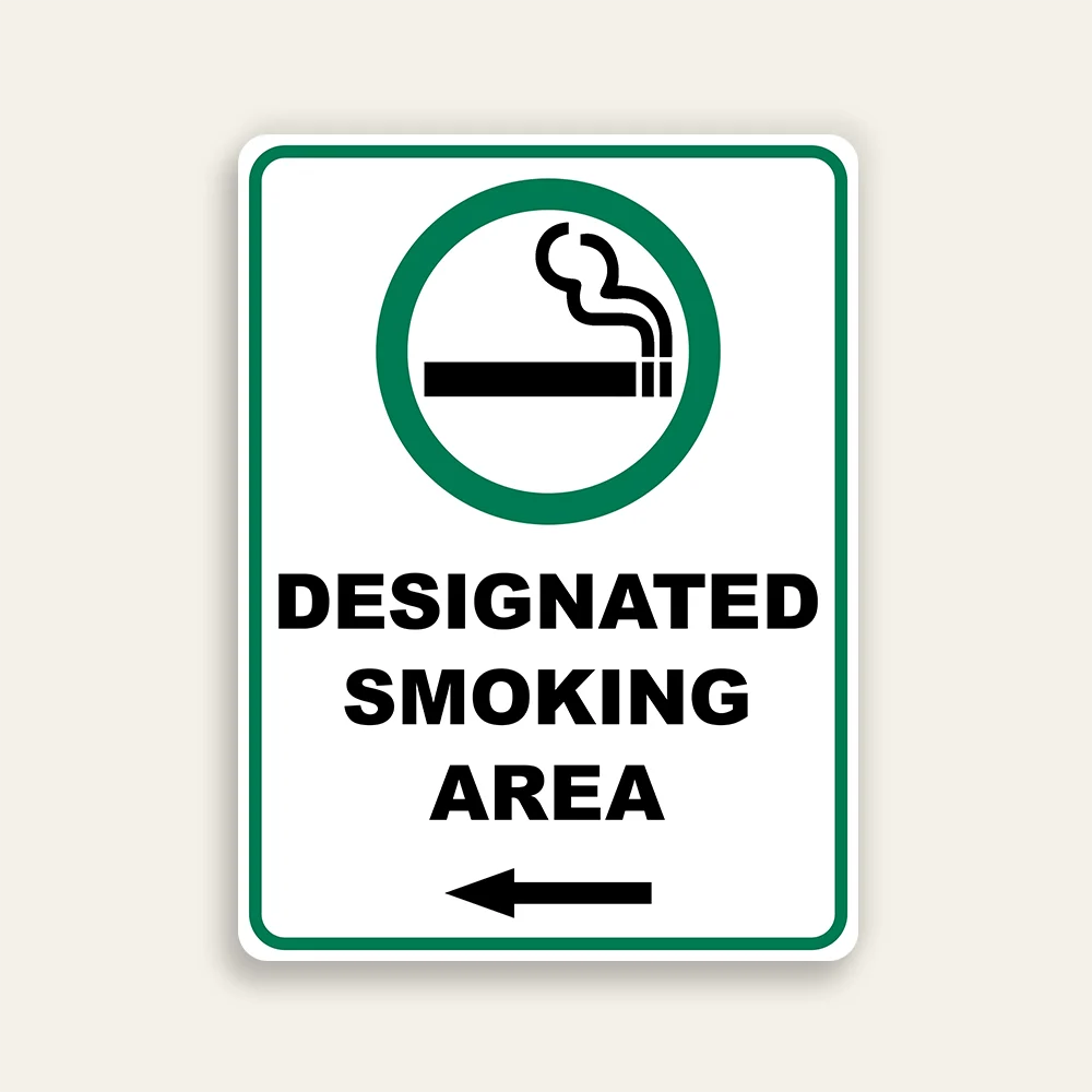 Designated Smoking Area sign vertical green circle cigarette icon bold black text left arrow white background green border Maxmetal panel Los Angeles