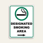 Designated Smoking Area sign vertical green circle cigarette icon bold black text right arrow white background green border Maxmetal panel Los Angeles