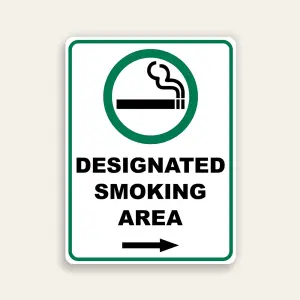 Designated Smoking Area sign vertical green circle cigarette icon bold black text right arrow white background green border Maxmetal panel Los Angeles