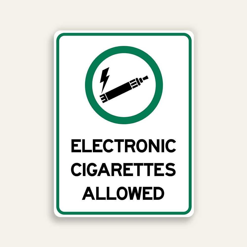 Electronic Cigarettes Allowed sign green circle vaping device icon bold black text white background green border vertical Maxmetal panel Los Angeles