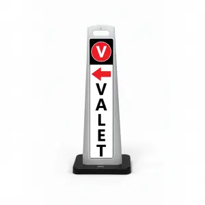 Black white and red valet flat cone sign with V valet symbol on black header red left arrow and vertical VALET lettering on white panel for Los Angeles restaurant hotel or event venue valet service