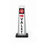 Black white and red valet flat cone sign with V valet symbol on black header red right arrow and vertical VALET lettering on white panel for Los Angeles restaurant hotel or event venue valet service