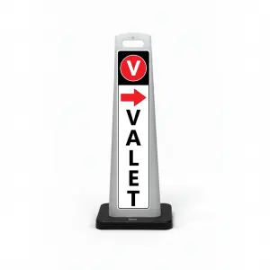 Black white and red valet flat cone sign with V valet symbol on black header red right arrow and vertical VALET lettering on white panel for Los Angeles restaurant hotel or event venue valet service
