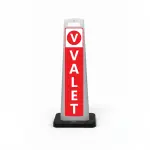 Red and white valet flat cone sign with V valet symbol on white header and vertical VALET lettering on red background for Los Angeles restaurant hotel or high-traffic event venue valet service
