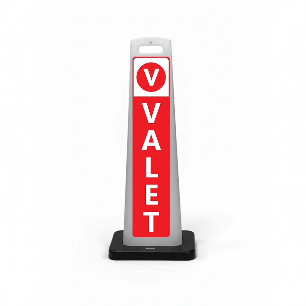 Red and white valet flat cone sign with V valet symbol on white header and vertical VALET lettering on red background for Los Angeles restaurant hotel or high-traffic event venue valet service