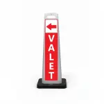 Red and white valet flat cone sign with red left arrow on white header and vertical VALET lettering on red background for Los Angeles restaurant hotel or high-traffic event venue valet service