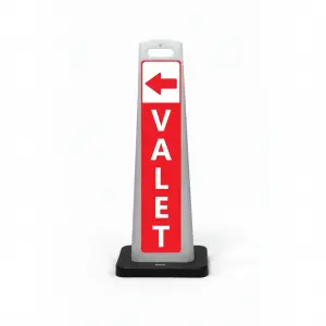 Red and white valet flat cone sign with red left arrow on white header and vertical VALET lettering on red background for Los Angeles restaurant hotel or high-traffic event venue valet service