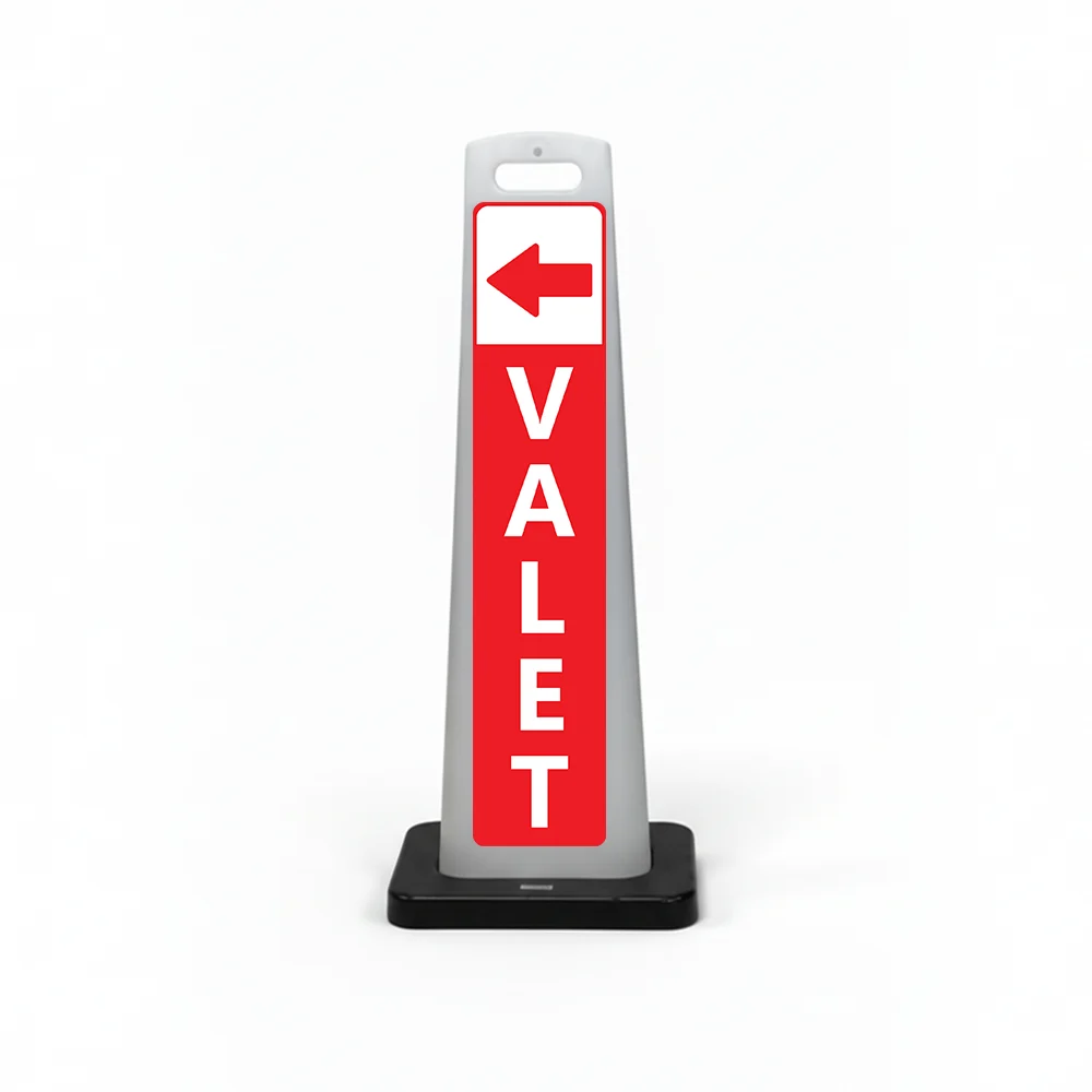 Red and white valet flat cone sign with red left arrow on white header and vertical VALET lettering on red background for Los Angeles restaurant hotel or high-traffic event venue valet service