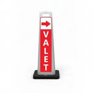 Red and white valet flat cone sign with red right arrow on white header and vertical VALET lettering on red background for Los Angeles restaurant hotel or high-traffic event venue valet service