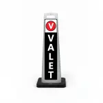 Black and white valet flat cone sign with V valet symbol on white header and vertical VALET lettering on black background for Los Angeles fine dining restaurant boutique hotel or luxury event venue