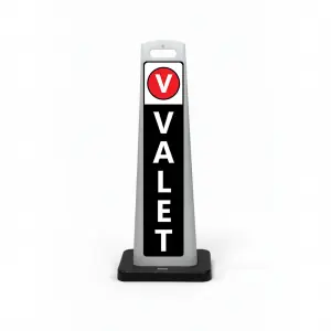 Black and white valet flat cone sign with V valet symbol on white header and vertical VALET lettering on black background for Los Angeles fine dining restaurant boutique hotel or luxury event venue