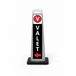 Black and white valet flat cone sign with V valet symbol on white header white VALET lettering on black background and red left arrow at base for Los Angeles fine dining restaurant boutique hotel or luxury event venue