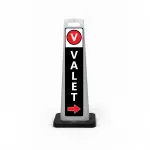 Black and white valet flat cone sign with V valet symbol on white header white VALET lettering on black background and red right arrow at base for Los Angeles fine dining restaurant boutique hotel or luxury event venue