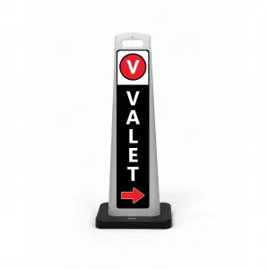 Black and white valet flat cone sign with V valet symbol on white header white VALET lettering on black background and red right arrow at base for Los Angeles fine dining restaurant boutique hotel or luxury event venue