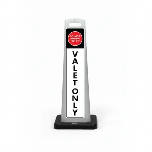 Black white and red valet only do not enter flat cone sign with DO NOT ENTER symbol on black header and vertical VALET ONLY lettering on white panel for Los Angeles restaurant hotel or high-volume event venue valet zone