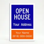 Custom open house real estate A-frame sign with blue upper section and orange agent contact panel for Los Angeles real estate agent or property manager