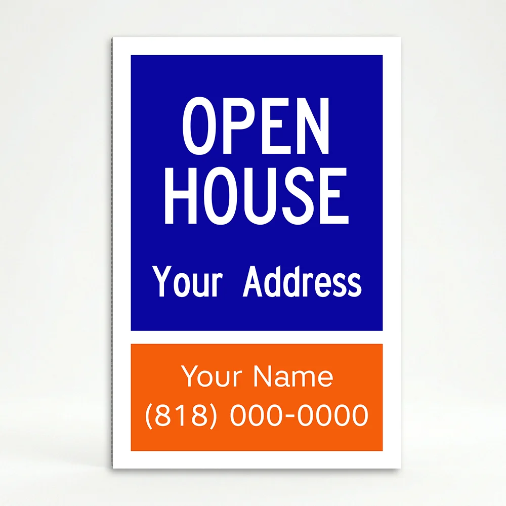 Custom open house real estate A-frame sign with blue upper section and orange agent contact panel for Los Angeles real estate agent or property manager