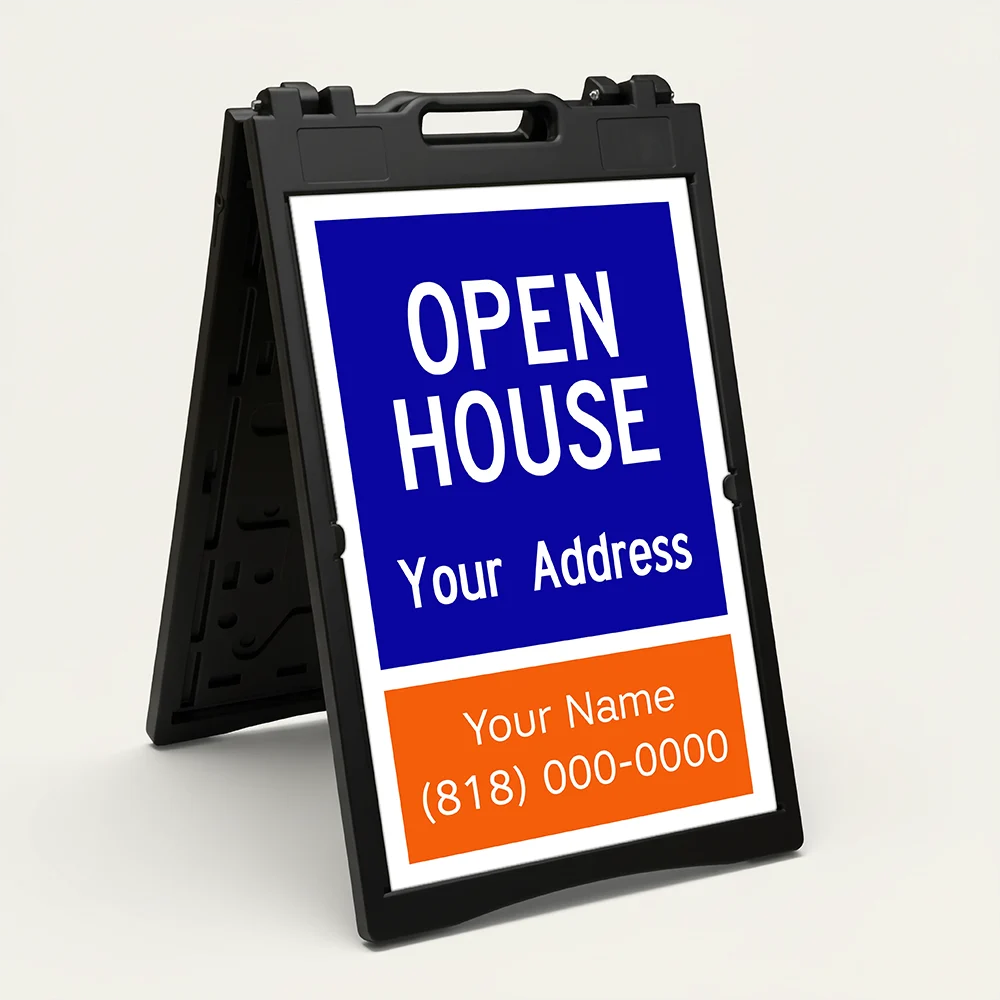Custom open house real estate A-frame sign with blue upper section and orange agent contact panel for Los Angeles real estate agent or property manager