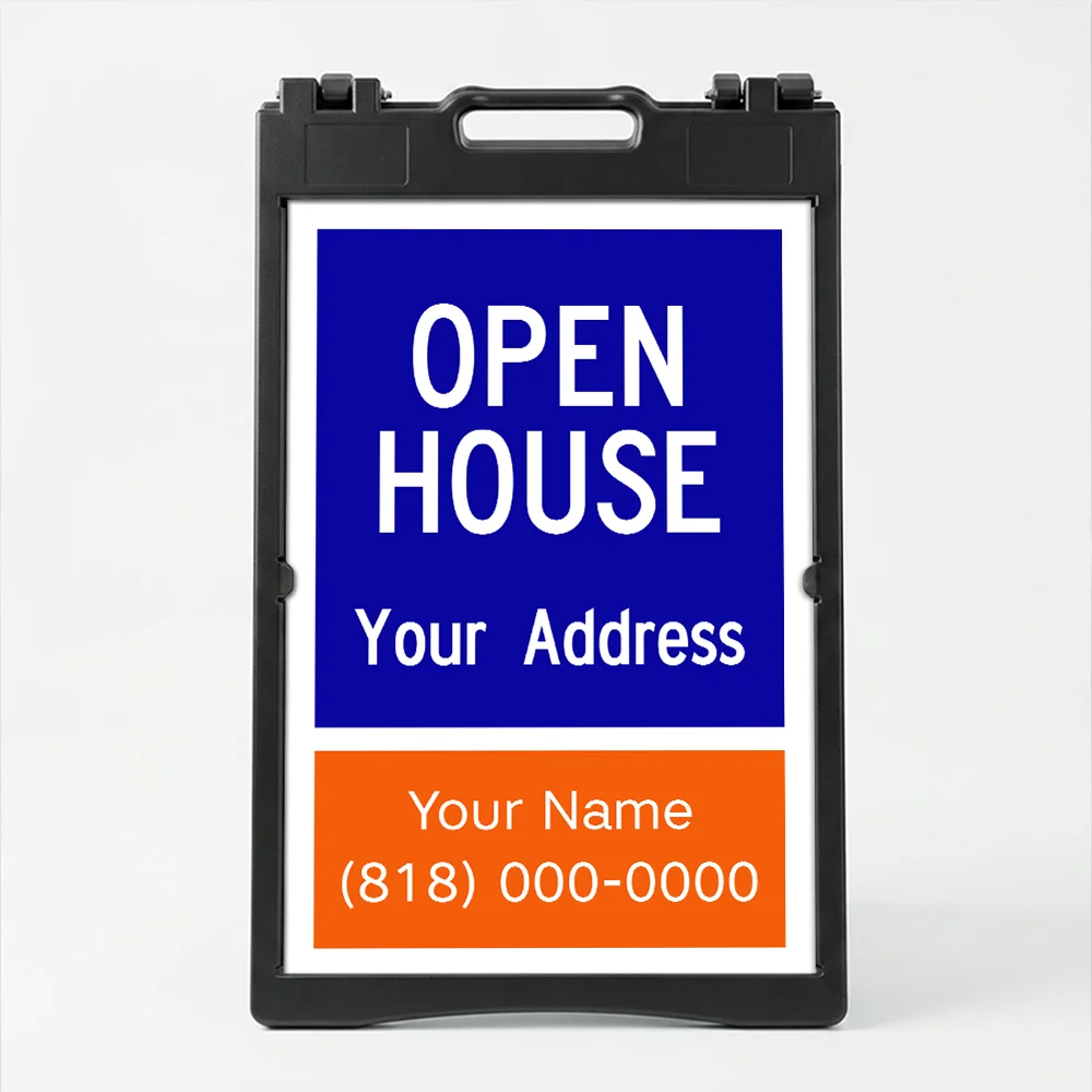 Custom open house real estate A-frame sign with blue upper section and orange agent contact panel for Los Angeles real estate agent or property manager