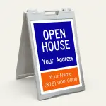 Custom open house real estate A-frame sign with blue upper section and orange agent contact panel for Los Angeles real estate agent or property manager