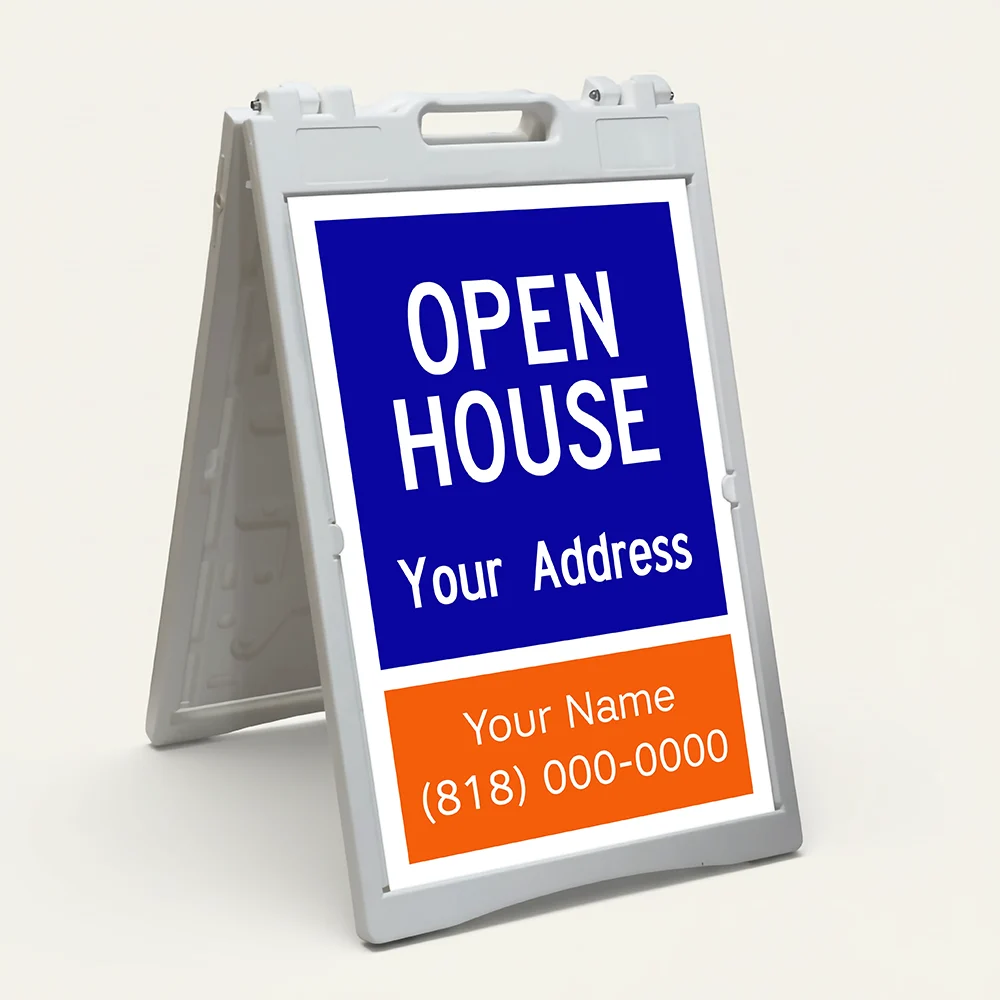 Custom open house real estate A-frame sign with blue upper section and orange agent contact panel for Los Angeles real estate agent or property manager