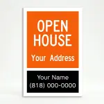 Custom open house real estate A-frame sign with orange upper section and black agent contact panel for Los Angeles real estate agent or property manager
