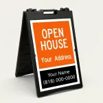 Custom open house real estate A-frame sign with orange upper section and black agent contact panel for Los Angeles real estate agent or property manager