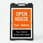 Custom open house real estate A-frame sign with orange upper section and black agent contact panel for Los Angeles real estate agent or property manager