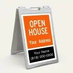 Custom open house real estate A-frame sign with orange upper section and black agent contact panel for Los Angeles real estate agent or property manager
