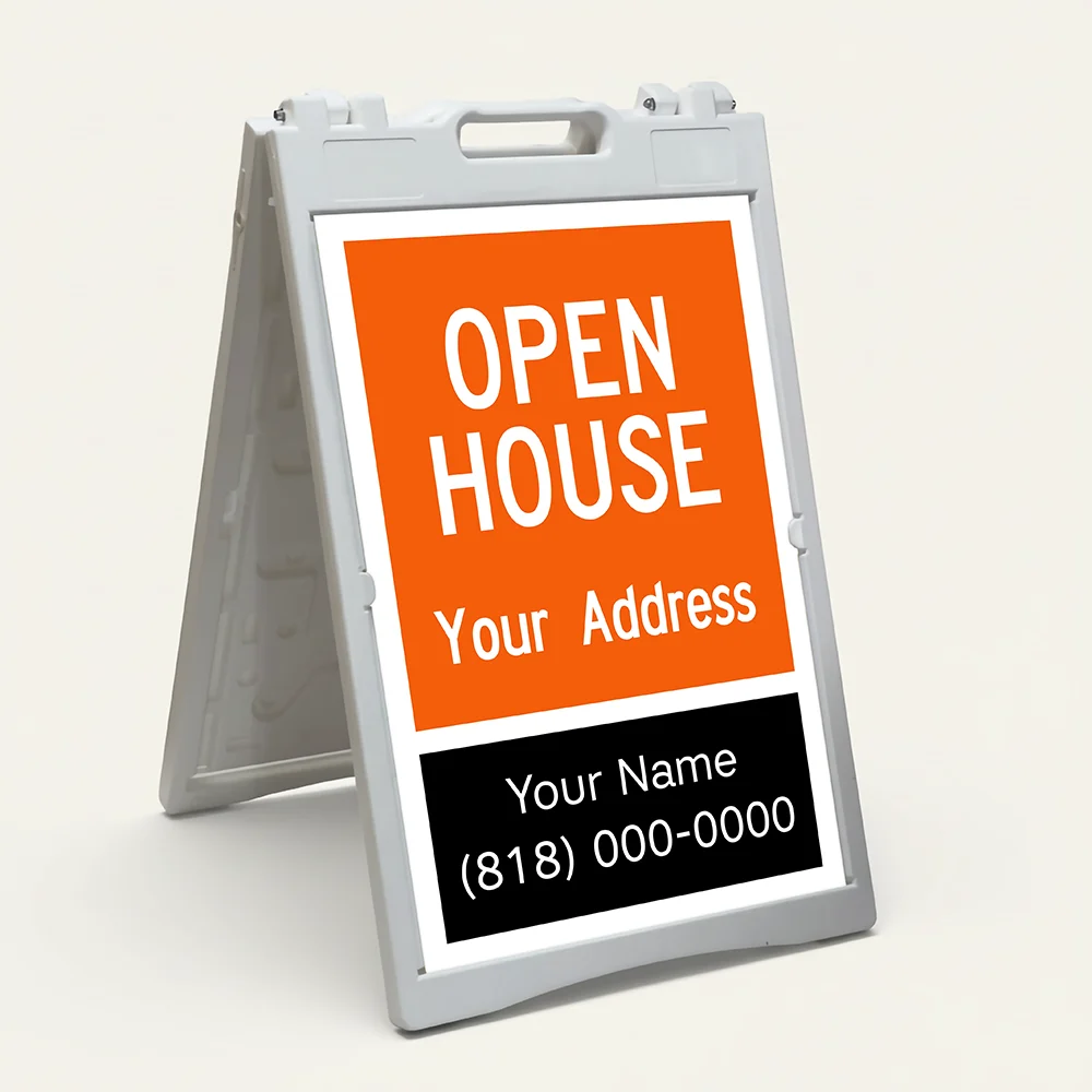 Custom open house real estate A-frame sign with orange upper section and black agent contact panel for Los Angeles real estate agent or property manager