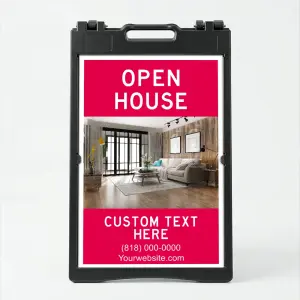 Custom open house photo A-frame sign with magenta header and full color property interior photo for Los Angeles real estate agent listing premium property