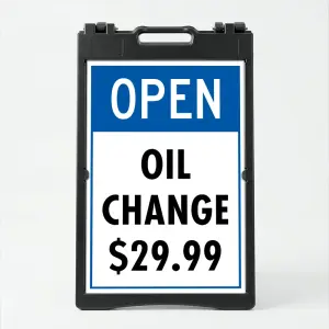 Custom open sign A-frame panel with bold blue header and white customizable lower section for Los Angeles retail store restaurant or professional office