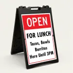 Custom open sign A-frame panel with bold red header and white customizable lower section for Los Angeles restaurant retail store or service business