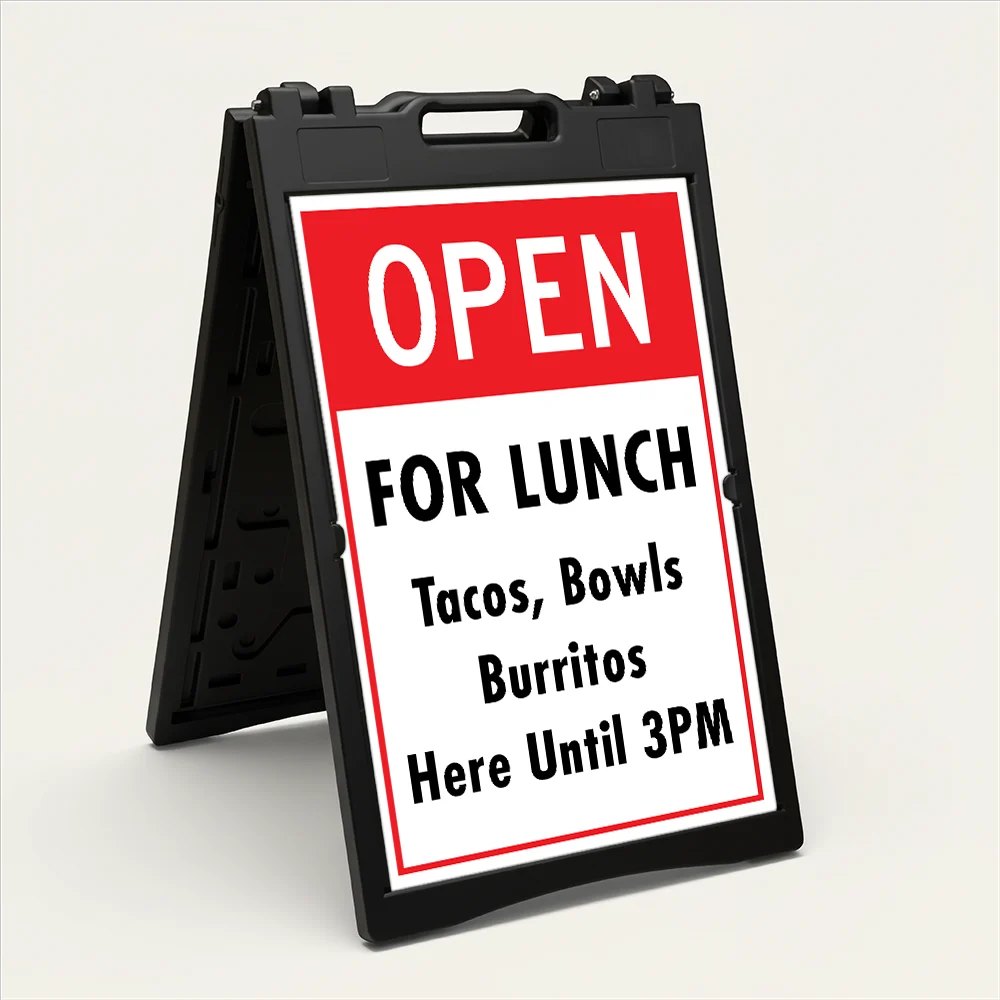 Custom open sign A-frame panel with bold red header and white customizable lower section for Los Angeles restaurant retail store or service business