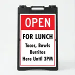 Custom open sign A-frame panel with bold red header and white customizable lower section for Los Angeles restaurant retail store or service business