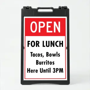 Custom open sign A-frame panel with bold red header and white customizable lower section for Los Angeles restaurant retail store or service business