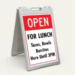 Custom open sign A-frame panel with bold red header and white customizable lower section for Los Angeles restaurant retail store or service business