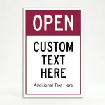 Custom open sign A-frame panel with deep burgundy header and white customizable lower section for Los Angeles wine bar luxury boutique or upscale restaurant