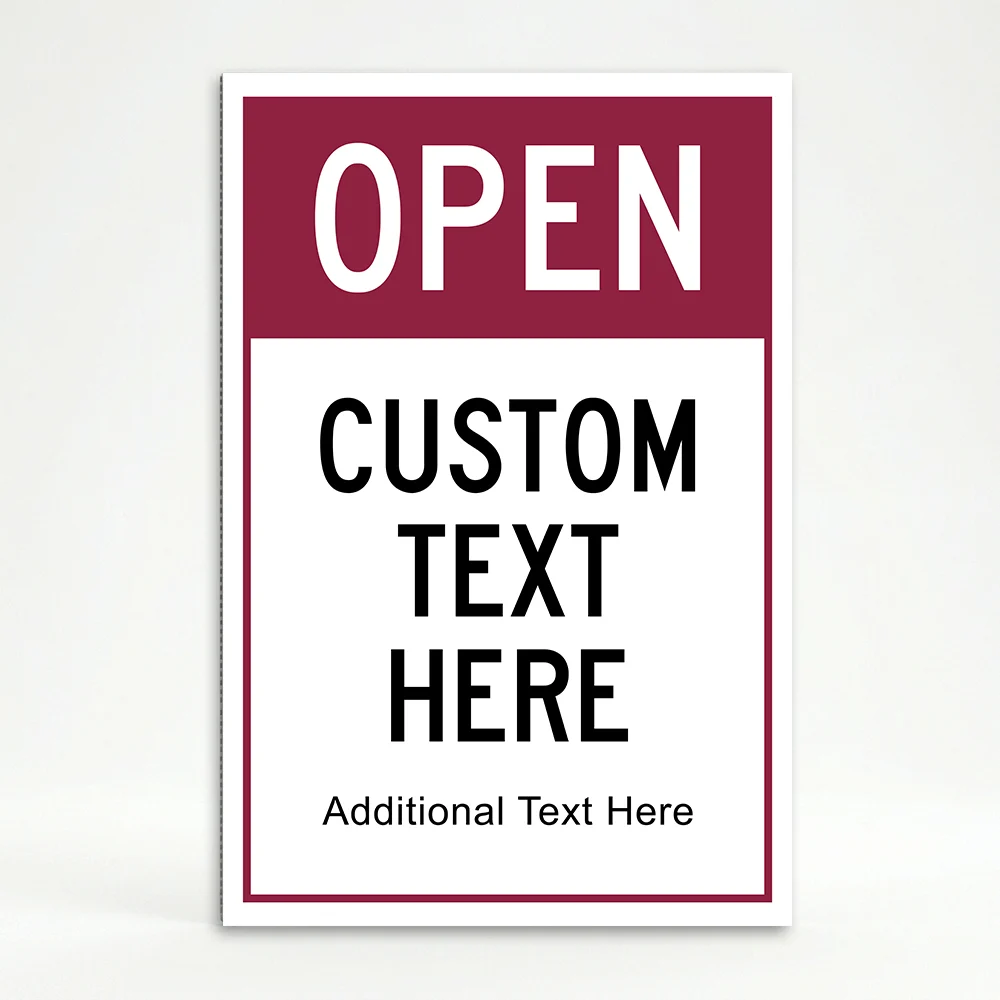 Custom open sign A-frame panel with deep burgundy header and white customizable lower section for Los Angeles wine bar luxury boutique or upscale restaurant