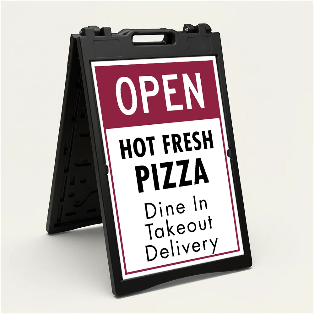 Custom open sign A-frame panel with deep burgundy header and white customizable lower section for Los Angeles wine bar luxury boutique or upscale restaurant