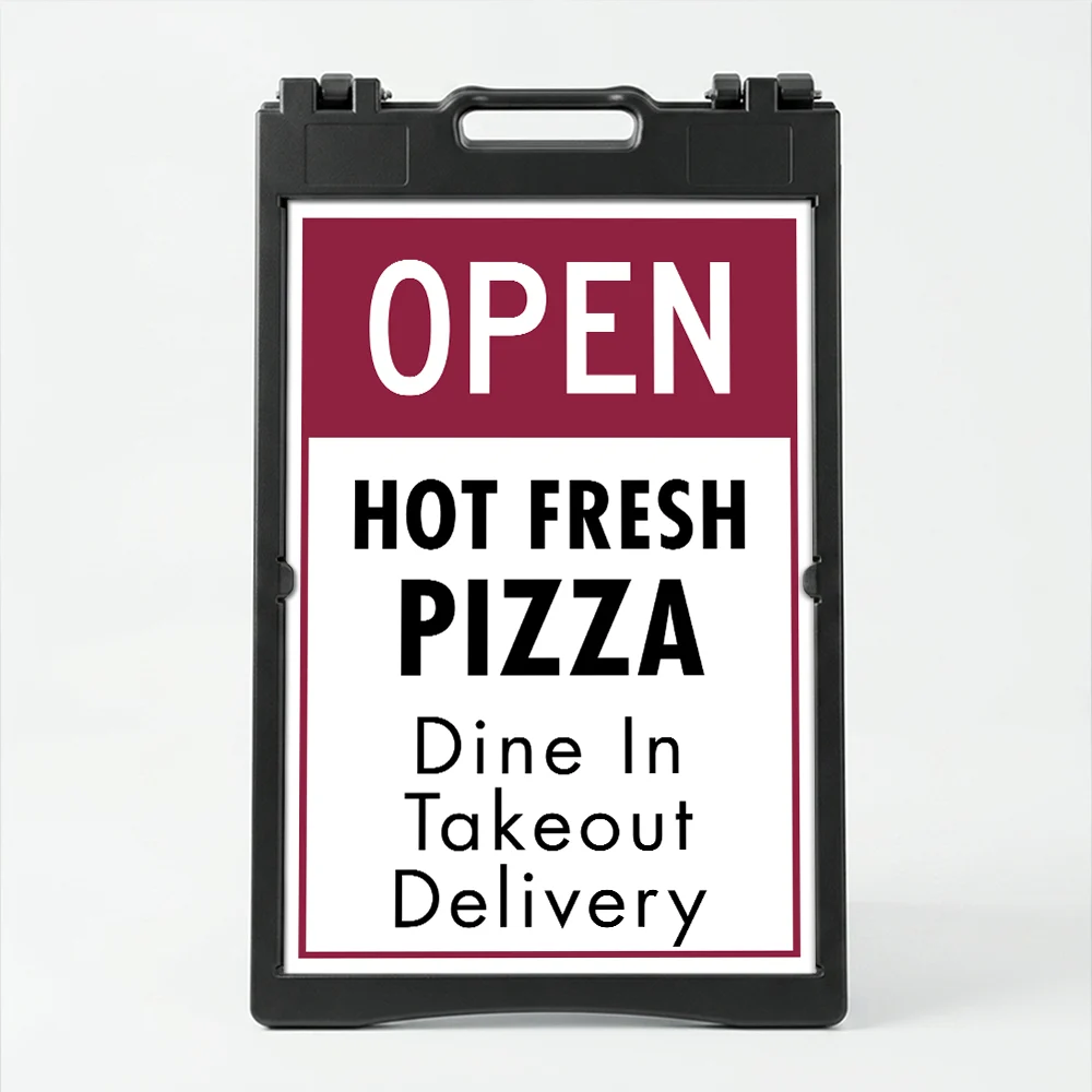 Custom open sign A-frame panel with deep burgundy header and white customizable lower section for Los Angeles wine bar luxury boutique or upscale restaurant