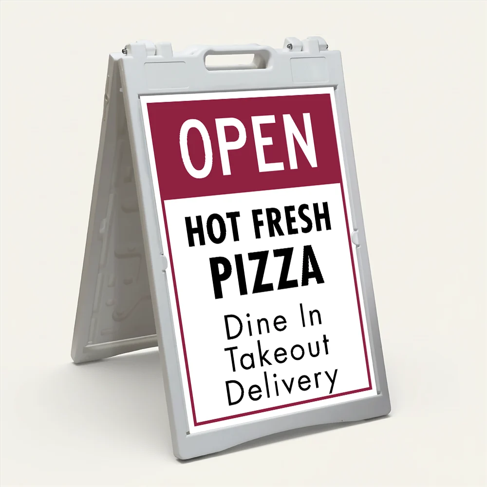Custom open sign A-frame panel with deep burgundy header and white customizable lower section for Los Angeles wine bar luxury boutique or upscale restaurant