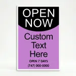 Custom open now curved split A-frame sign with black upper section and lavender lower section for Los Angeles beauty salon wellness studio or boutique retailer