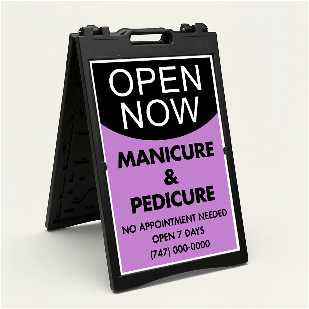 Custom open now curved split A-frame sign with black upper section and lavender lower section for Los Angeles beauty salon wellness studio or boutique retailer