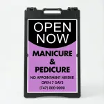 Custom open now curved split A-frame sign with black upper section and lavender lower section for Los Angeles beauty salon wellness studio or boutique retailer