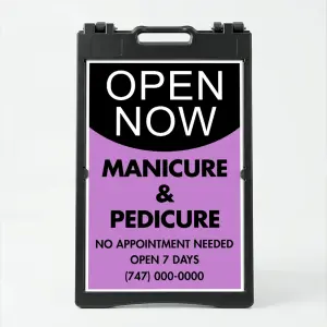 Custom open now curved split A-frame sign with black upper section and lavender lower section for Los Angeles beauty salon wellness studio or boutique retailer