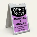 Custom open now curved split A-frame sign with black upper section and lavender lower section for Los Angeles beauty salon wellness studio or boutique retailer