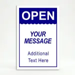 Custom open scallop edge A-frame sign with blue header and white lower section for Los Angeles bakery coffee shop or food retail business
