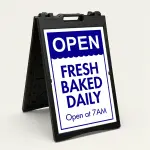 Custom open scallop edge A-frame sign with blue header and white lower section for Los Angeles bakery coffee shop or food retail business